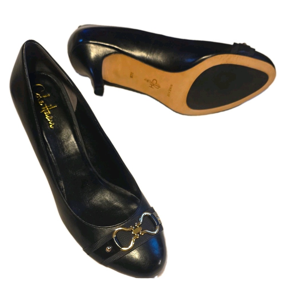 NWOB Cole Haan Tali Mid Pumps Black Leather Horsebit Buckle Heels 11B-DISC